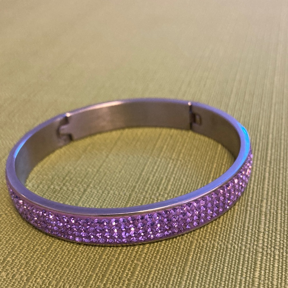 Mauve Crystal Silver Hinged Bangle Bracelet - Women's Jewelry